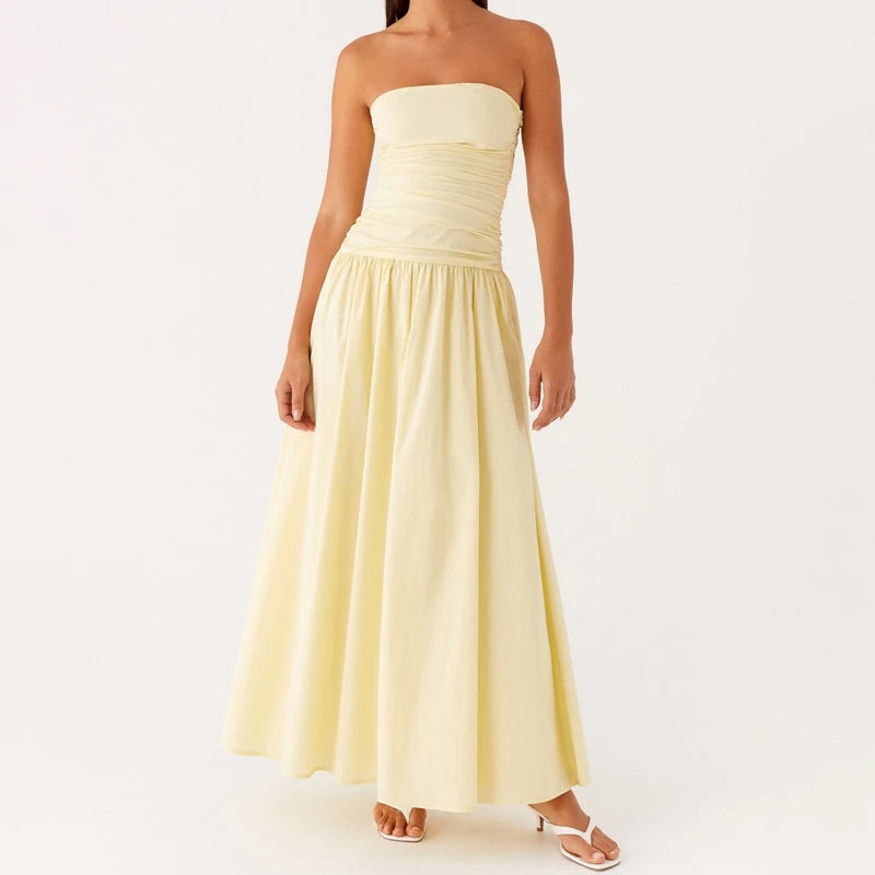 Maemukilabe Women Summer Strapless Maxi Dress Sexy A Line Flowy Tube Top Dress Y2K Elegant Wedding Party Cocktail Long Dresses