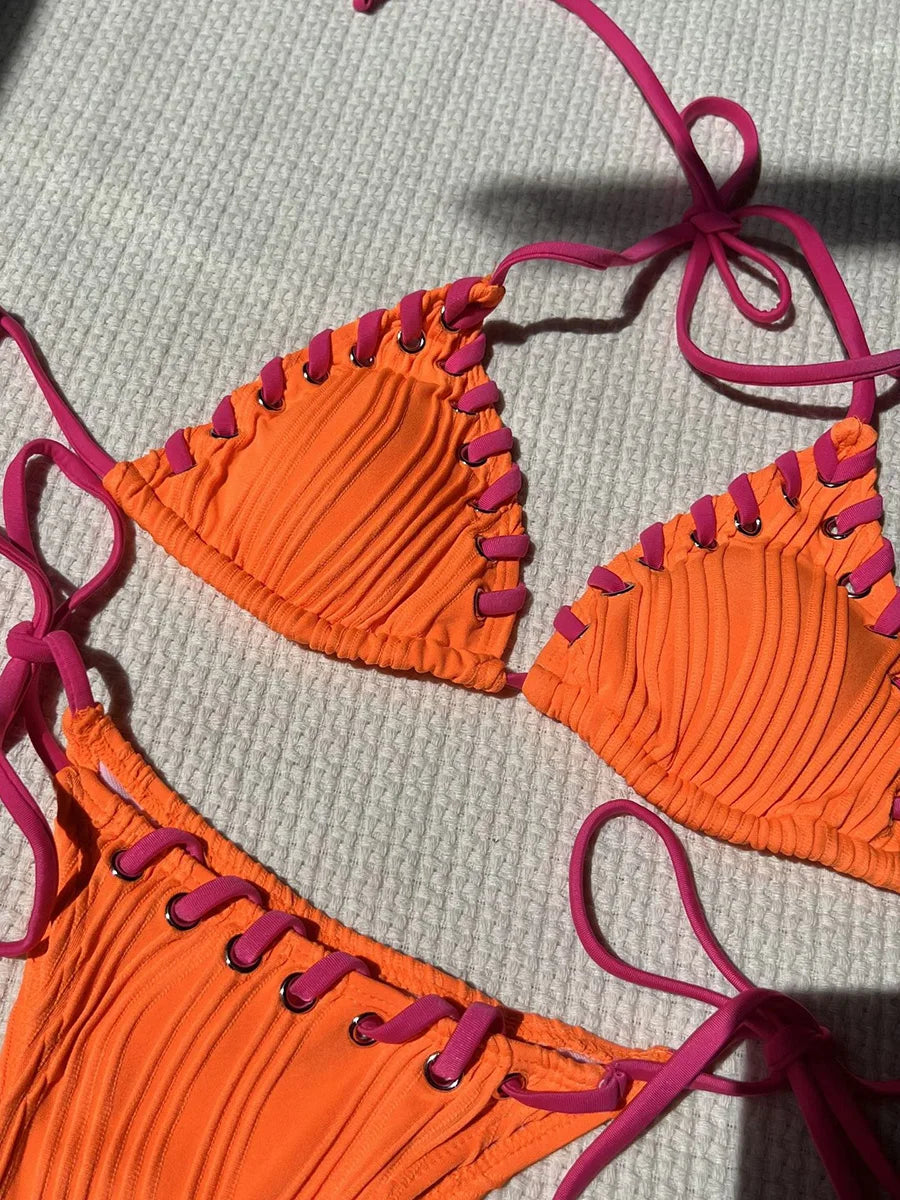 2025 Halter Wrinkled Weaved Bikini Women Swimwear Female Swimsuit Two Pieces Bikini Set Brazilian Bathing Suit Swim Beach Wear