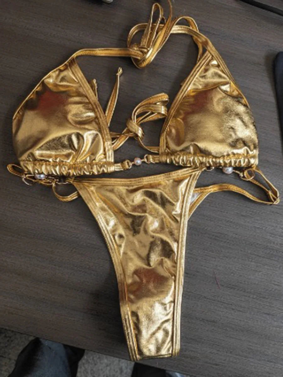 PU Leather Pearls Bikini Mini Micro Thong Bikinis Women Swimwear Female Swimsuit Two-piece Bikini Set Halter Bathing Suit Swim