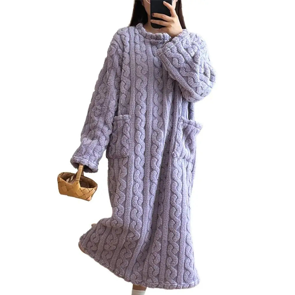 Flannel Nightgowns Long Sleeve Women Loose Double Pocket Solid Sleepwear Jacquard Night Dress Thickened Winter Warm Nightdress