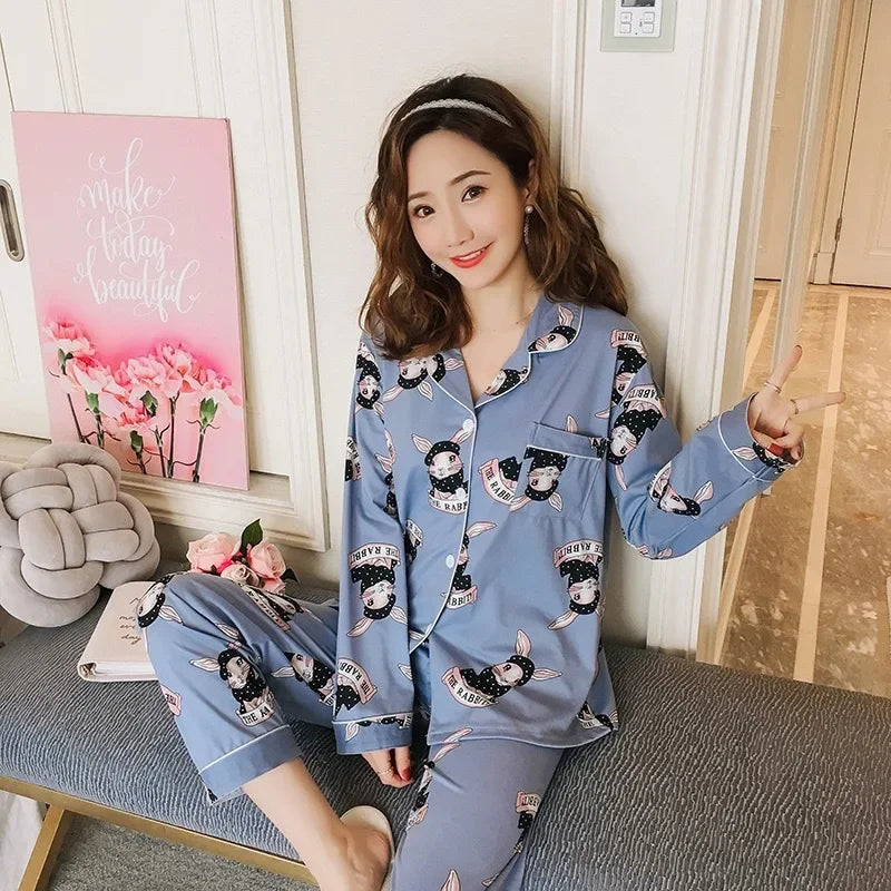 Spring Autumn Winter Long Sleeve Trousers Sleepwear Women's Cardigan Korean Style Outer Wear Casual Thin Homewear Two-piece Suit