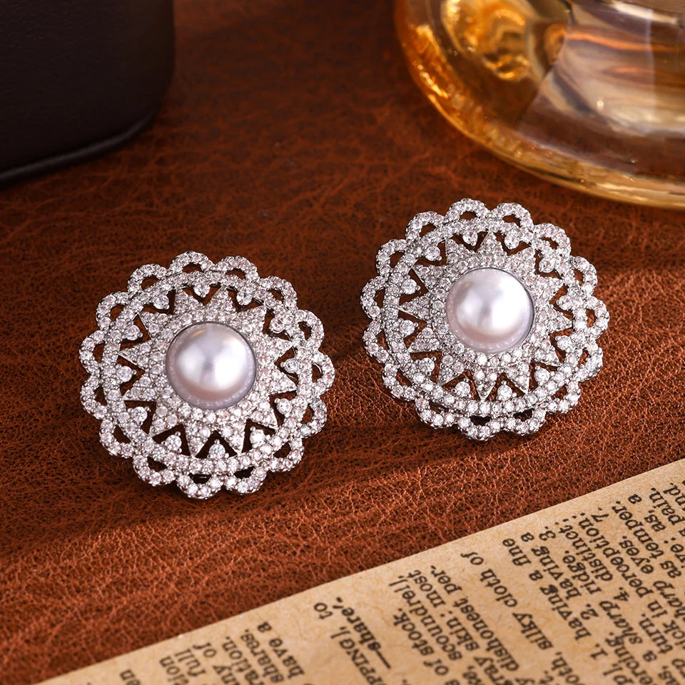 ZAKOL Luxury AAA Zircon Round Pearl Earrings for Women Irregular Stud Earring Temperament Wedding Party Jewelry