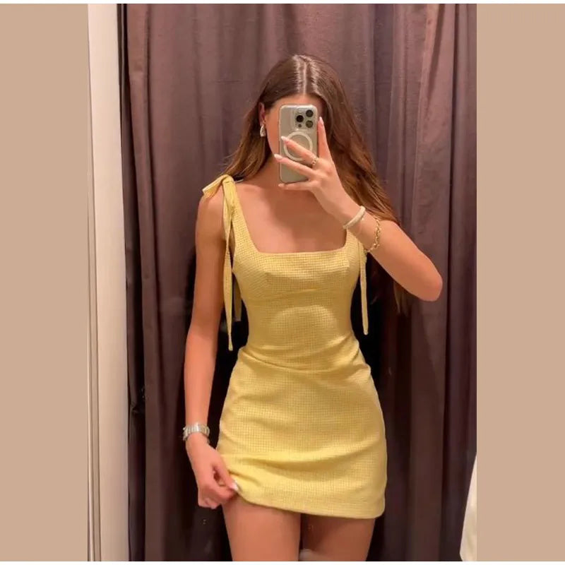 Women Knitted Hollow Out Mini Dresses Round Neck Sleeveless Off Shoulder Short Dress Lady Casual Summer Holiday Beach Robes