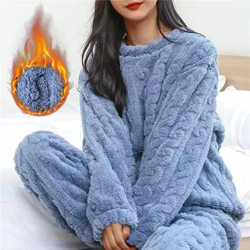 Women Coral Velvet Home Wear Set Warm Jacquard Sleepwear Comfortable Outfit for Winter Christmas and Back to School Season Gift