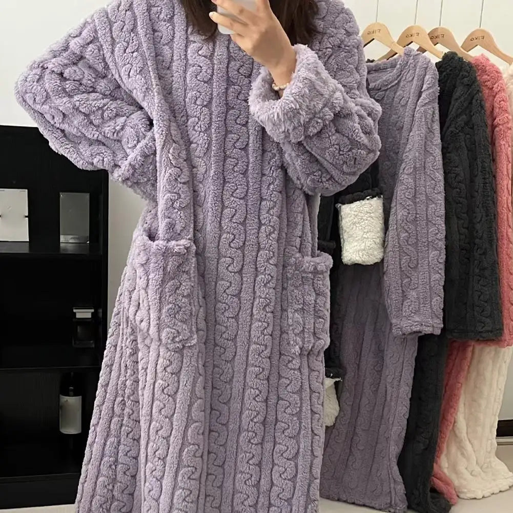 Flannel Nightgowns Long Sleeve Women Loose Double Pocket Solid Sleepwear Jacquard Night Dress Thickened Winter Warm Nightdress