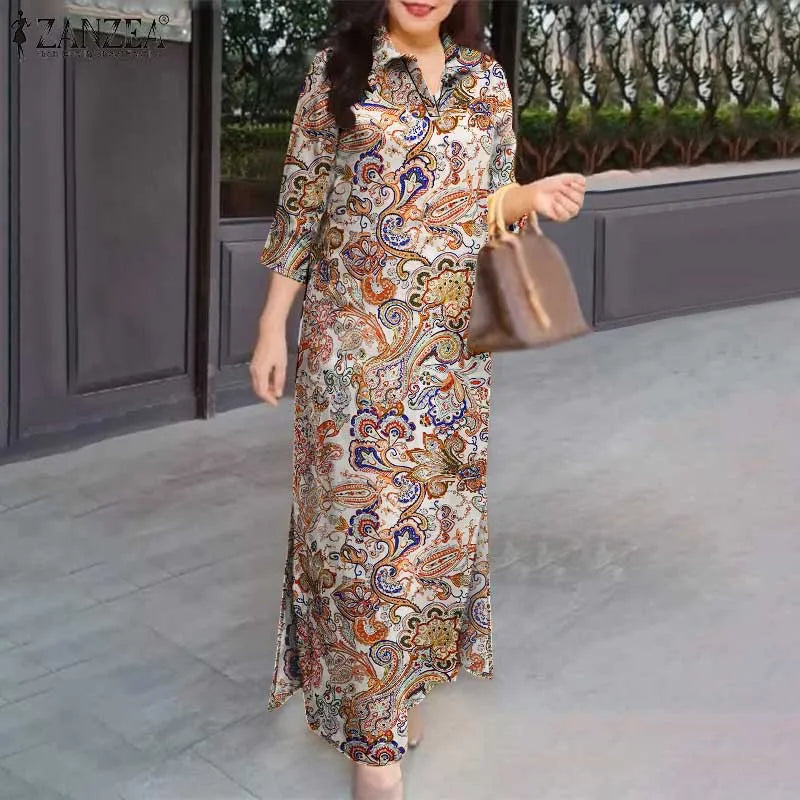 ZANZEA 2025 Autumn Casual Women's Floral Printed Long Dresses Vintage Dress Party Sundress Robe Lapel Neck 3/4 Sleeve Shirtdress