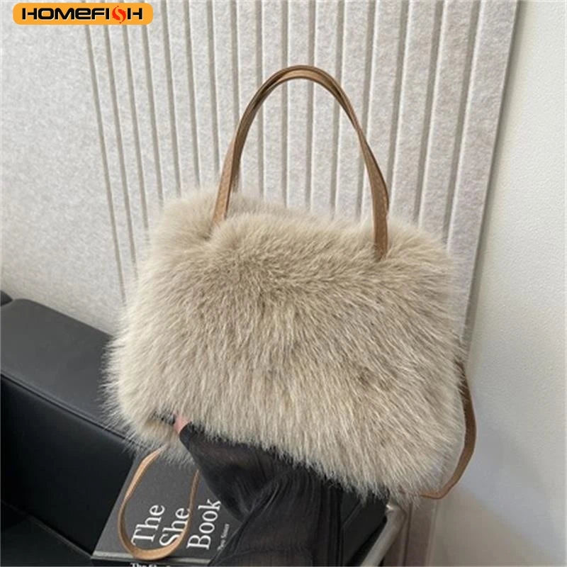 HOMEFISH Faux Fur Tote Bag Women's Bucket Plush Luxury Design Ladies Handbags Soft Winter Crossbody Shoulder Bags Bolsa Feminina