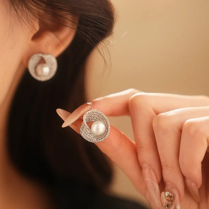 ZAKOL Luxury AAA Zircon Round Pearl Earrings for Women Irregular Stud Earring Temperament Wedding Party Jewelry