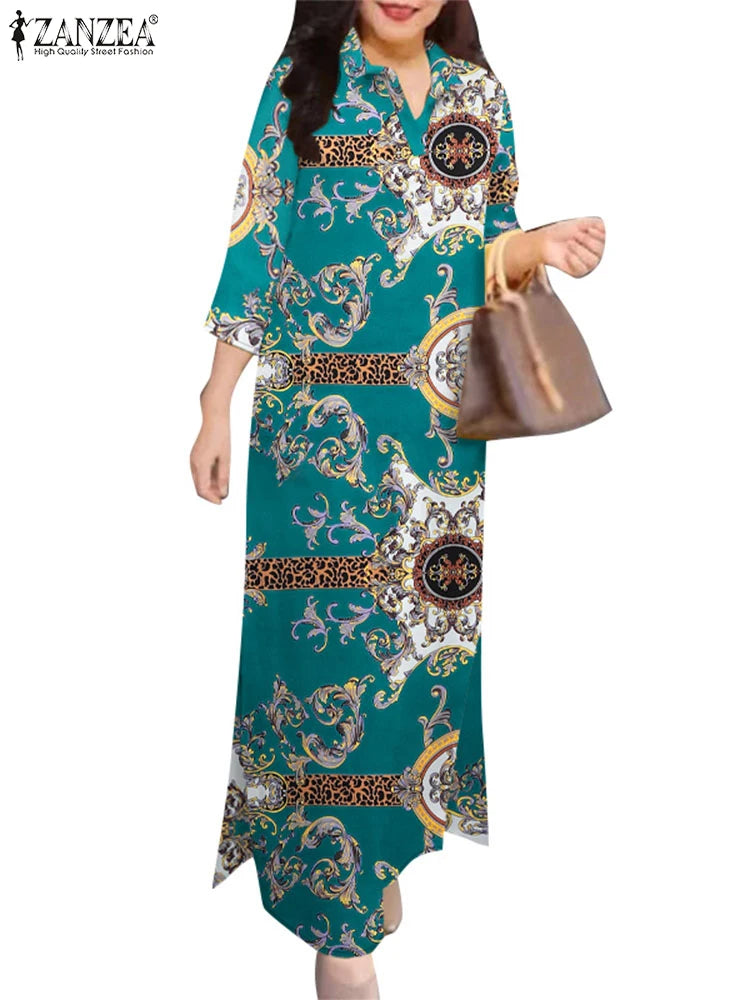 ZANZEA 2025 Autumn Casual Women's Floral Printed Long Dresses Vintage Dress Party Sundress Robe Lapel Neck 3/4 Sleeve Shirtdress