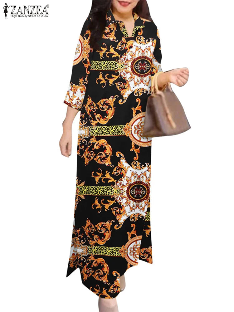 ZANZEA 2025 Autumn Casual Women's Floral Printed Long Dresses Vintage Dress Party Sundress Robe Lapel Neck 3/4 Sleeve Shirtdress