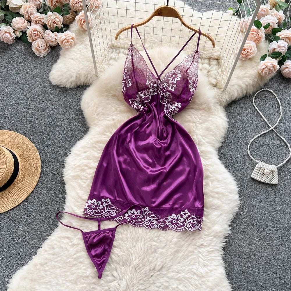 Sexy Women Night Dress Sleeveless Backless Porno Pajamas Floral Lace Erotic Nightwears+Thongs Satin Short Transparent Dresses
