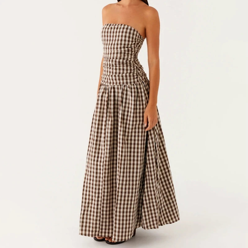 Maemukilabe Women Summer Strapless Maxi Dress Sexy A Line Flowy Tube Top Dress Y2K Elegant Wedding Party Cocktail Long Dresses
