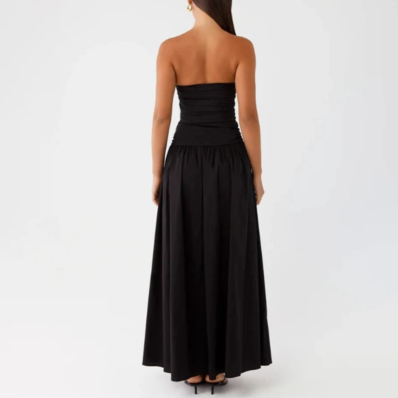 Maemukilabe Women Summer Strapless Maxi Dress Sexy A Line Flowy Tube Top Dress Y2K Elegant Wedding Party Cocktail Long Dresses
