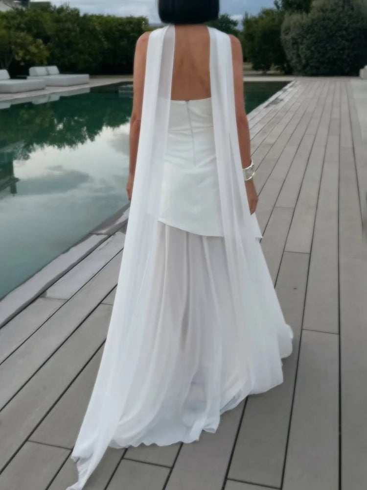 Elegant Strapless Dress With Ribbon Female Fashion Sleeveless Mesh Beach Vacation Long Robes 2025 Spring New Women's Dresses