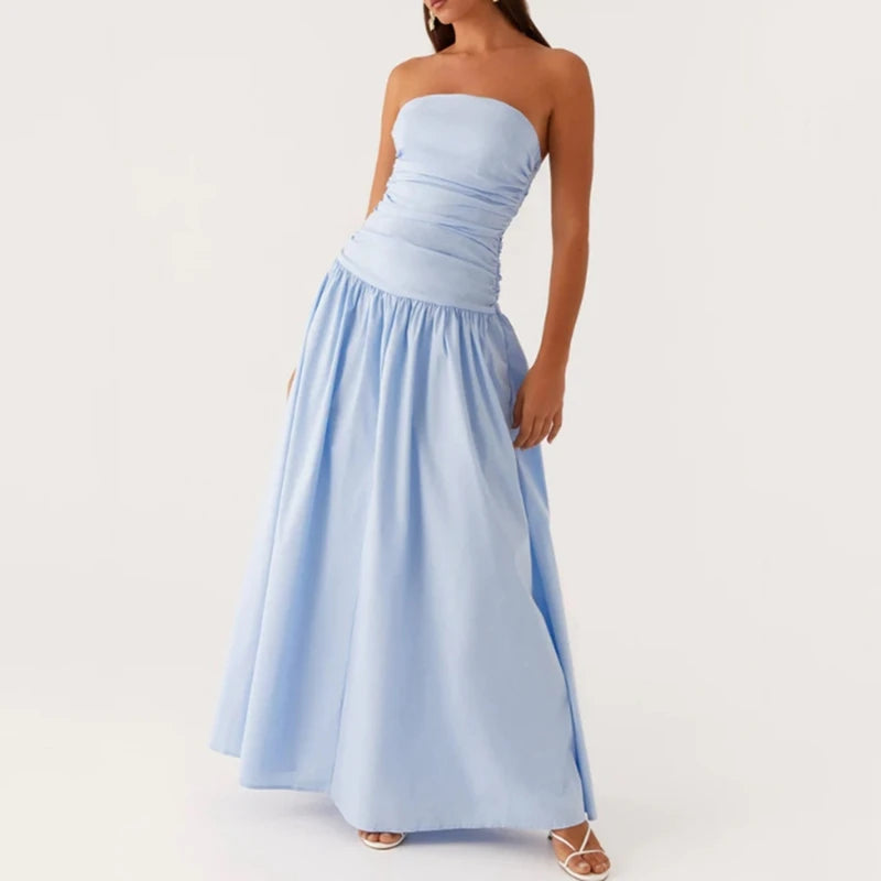 Maemukilabe Women Summer Strapless Maxi Dress Sexy A Line Flowy Tube Top Dress Y2K Elegant Wedding Party Cocktail Long Dresses