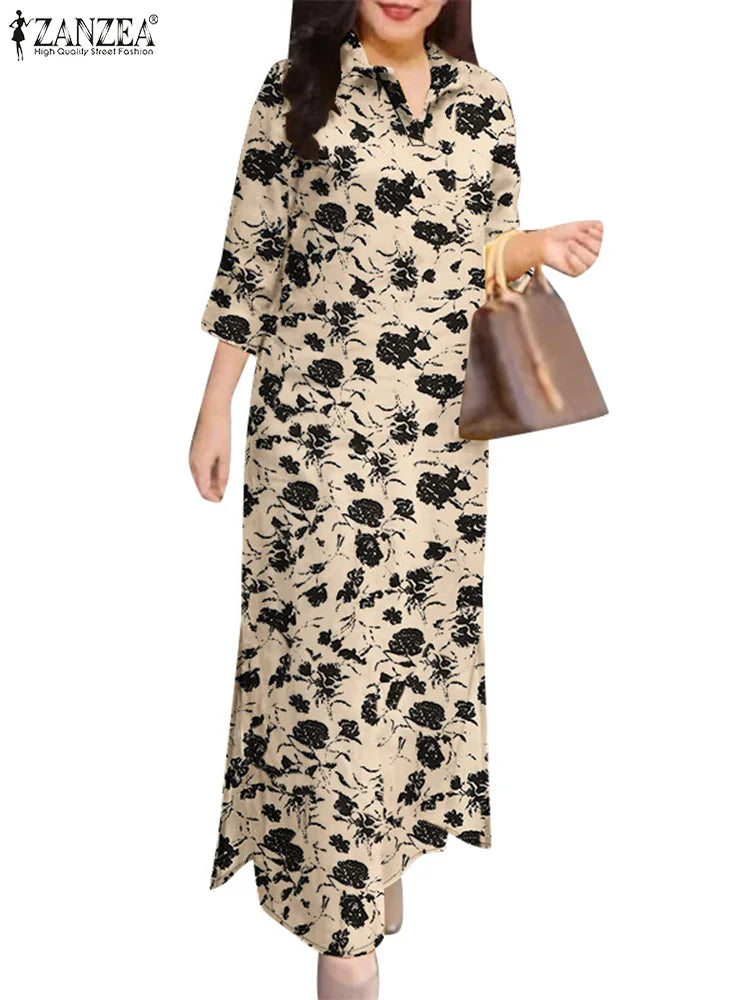 ZANZEA 2025 Autumn Casual Women's Floral Printed Long Dresses Vintage Dress Party Sundress Robe Lapel Neck 3/4 Sleeve Shirtdress