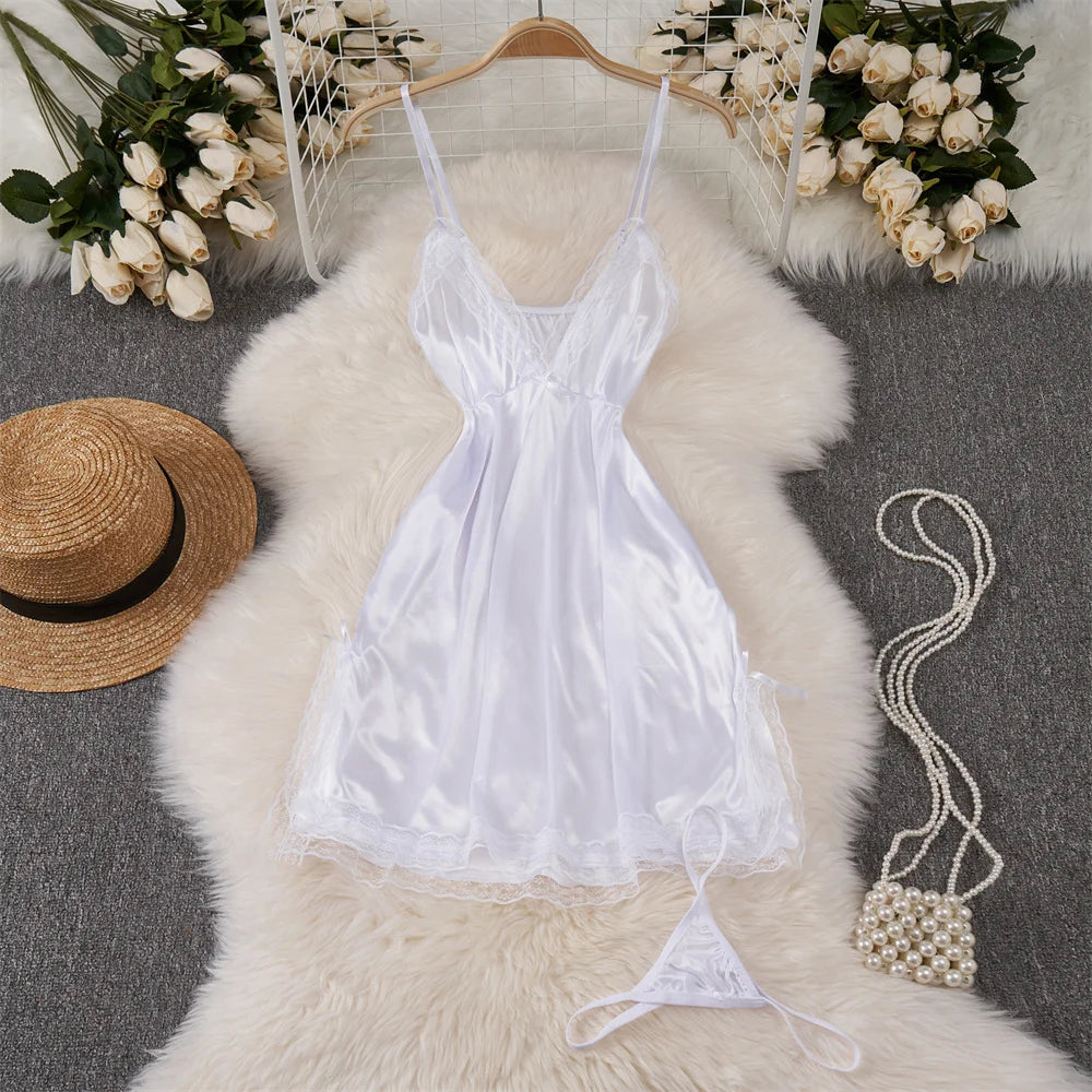 Sexy Women Night Dress Sleeveless Backless Porno Pajamas Floral Lace Erotic Nightwears+Thongs Satin Short Transparent Dresses