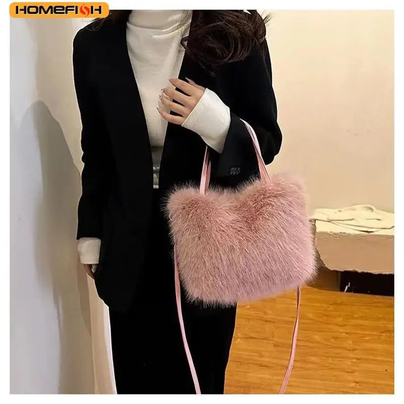 HOMEFISH Faux Fur Tote Bag Women's Bucket Plush Luxury Design Ladies Handbags Soft Winter Crossbody Shoulder Bags Bolsa Feminina