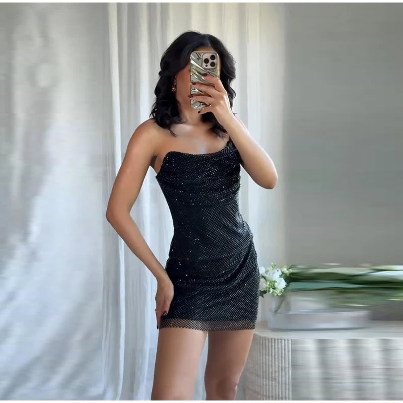 Rhinestone Shining Sexy Evening Dress Women Sleeveless Backless Slim Party Pleated Gown Female Dresses Street Vacation Lady Robe