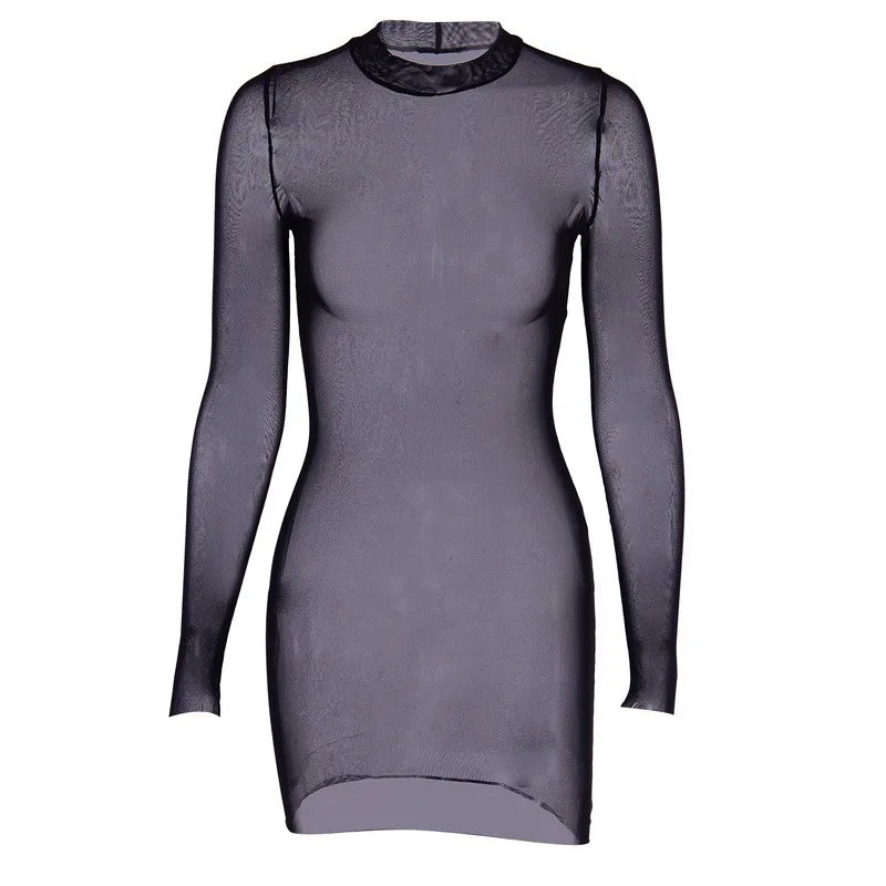 Women See Through Transparent Hollow Out Dress Mock Neck Female Sexy Bodycon Dress Club Partywear Slim Stretchy Mini Dresses