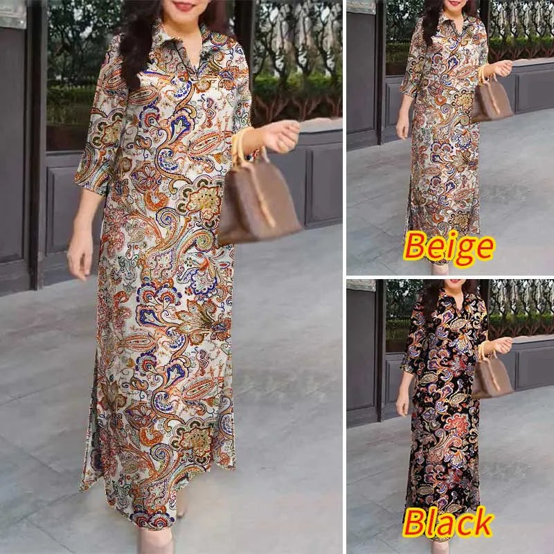 ZANZEA 2025 Autumn Casual Women's Floral Printed Long Dresses Vintage Dress Party Sundress Robe Lapel Neck 3/4 Sleeve Shirtdress
