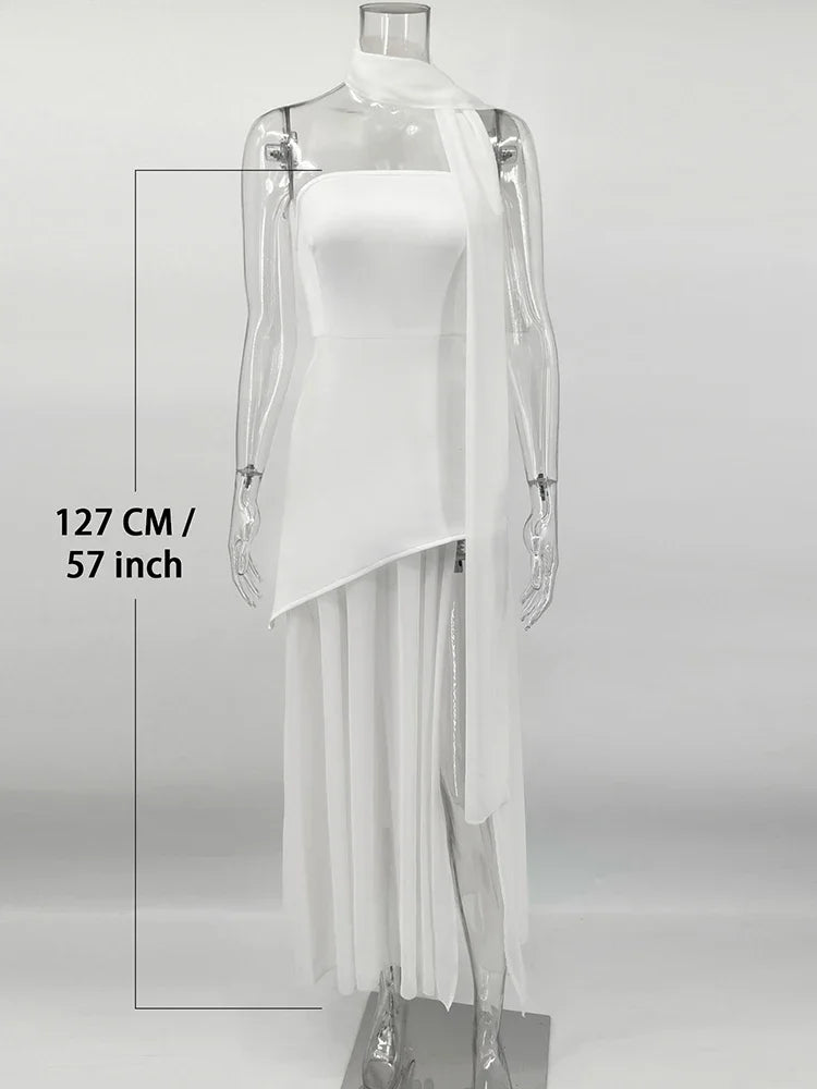 Elegant Strapless Dress With Ribbon Female Fashion Sleeveless Mesh Beach Vacation Long Robes 2025 Spring New Women's Dresses