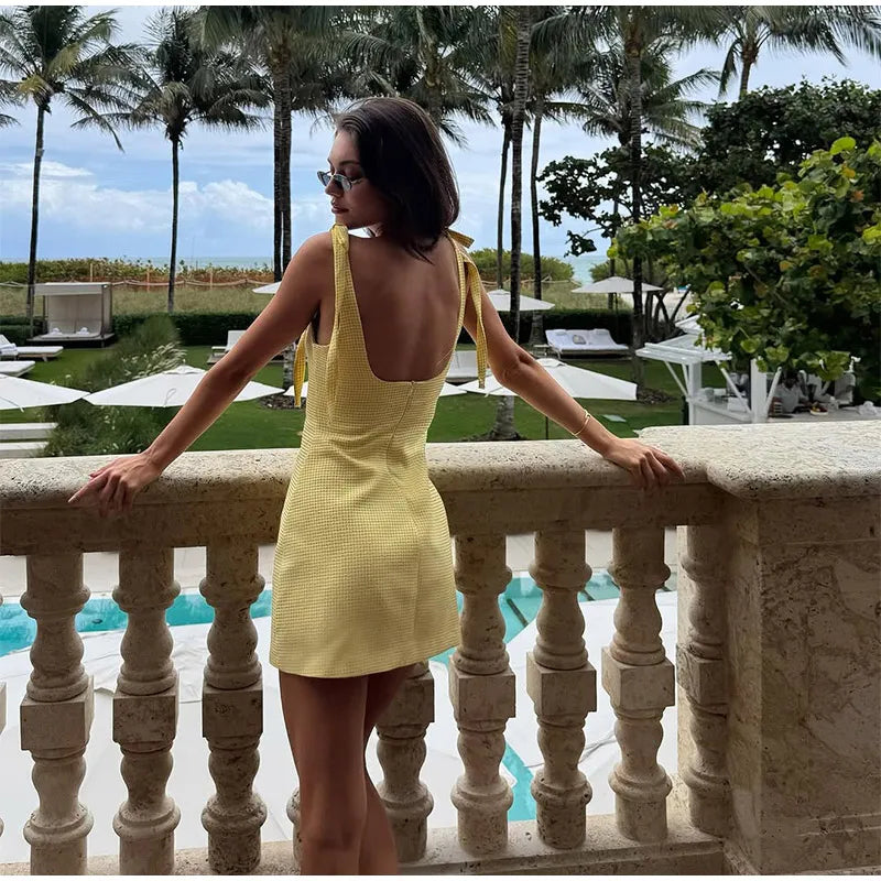 Women Knitted Hollow Out Mini Dresses Round Neck Sleeveless Off Shoulder Short Dress Lady Casual Summer Holiday Beach Robes