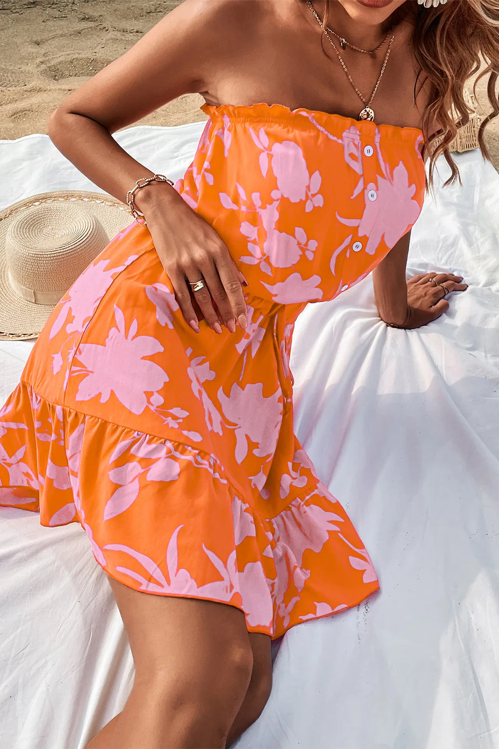 YEMOGGY Elegant Floral Print Dress for Women Summer Dresses 2024 New Casual Single Breasted Lace-up Sexy Bandeau Mini Dress