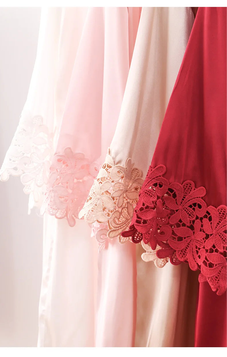 Sexy Embroidery Wedding Robe Patchwork Lace Kimono Bathrobe Gown Summer New Female Sleepwear Home Dress Loose Casual Loungewear