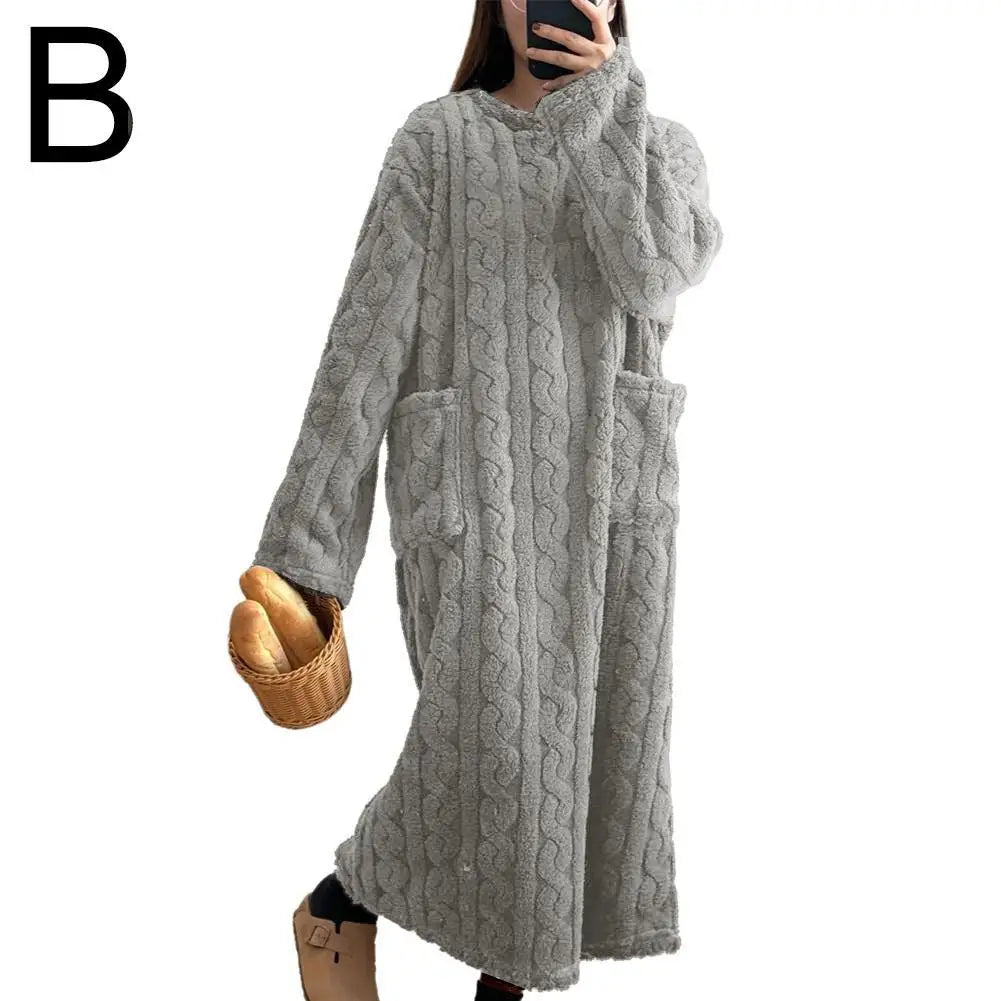 Flannel Nightgowns Long Sleeve Women Loose Double Pocket Solid Sleepwear Jacquard Night Dress Thickened Winter Warm Nightdress