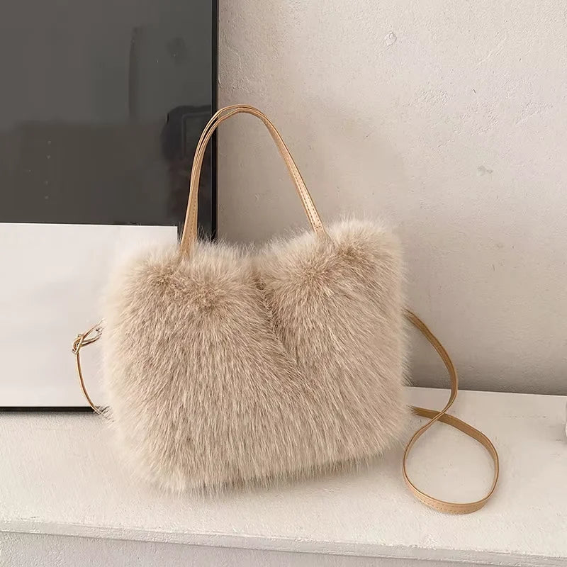 HOMEFISH Faux Fur Tote Bag Women's Bucket Plush Luxury Design Ladies Handbags Soft Winter Crossbody Shoulder Bags Bolsa Feminina