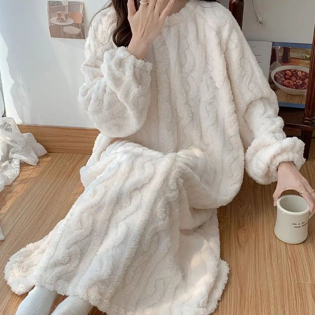 Flannel Nightgowns Long Sleeve Women Loose Double Pocket Solid Sleepwear Jacquard Night Dress Thickened Winter Warm Nightdress