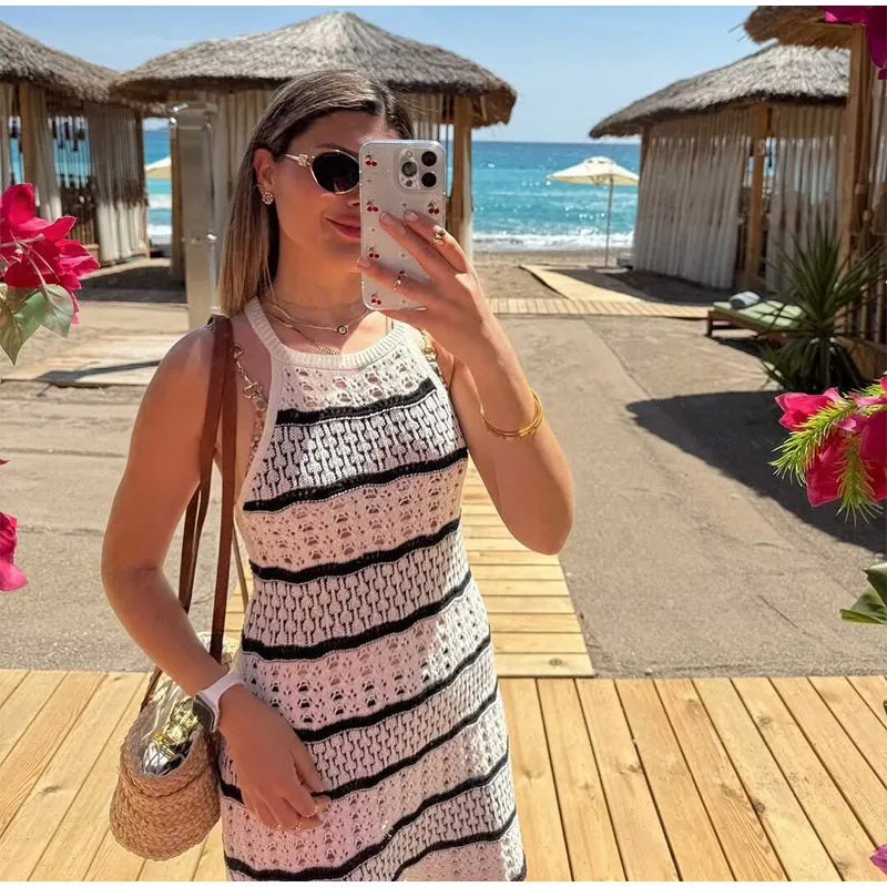 Women Knitted Hollow Out Mini Dresses Round Neck Sleeveless Off Shoulder Short Dress Lady Casual Summer Holiday Beach Robes