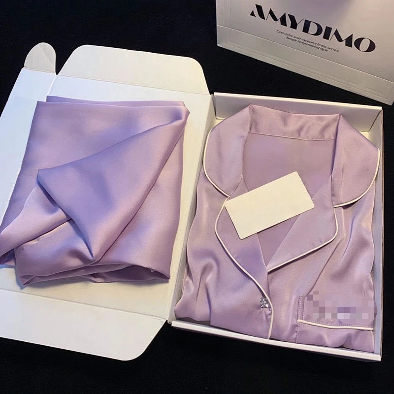 Spring Autumn New Ice Silk Sleepwear Women Lapel Diamond Clasp Cardigan Women Two Piece Set Elegance Purple Women's Pajamas