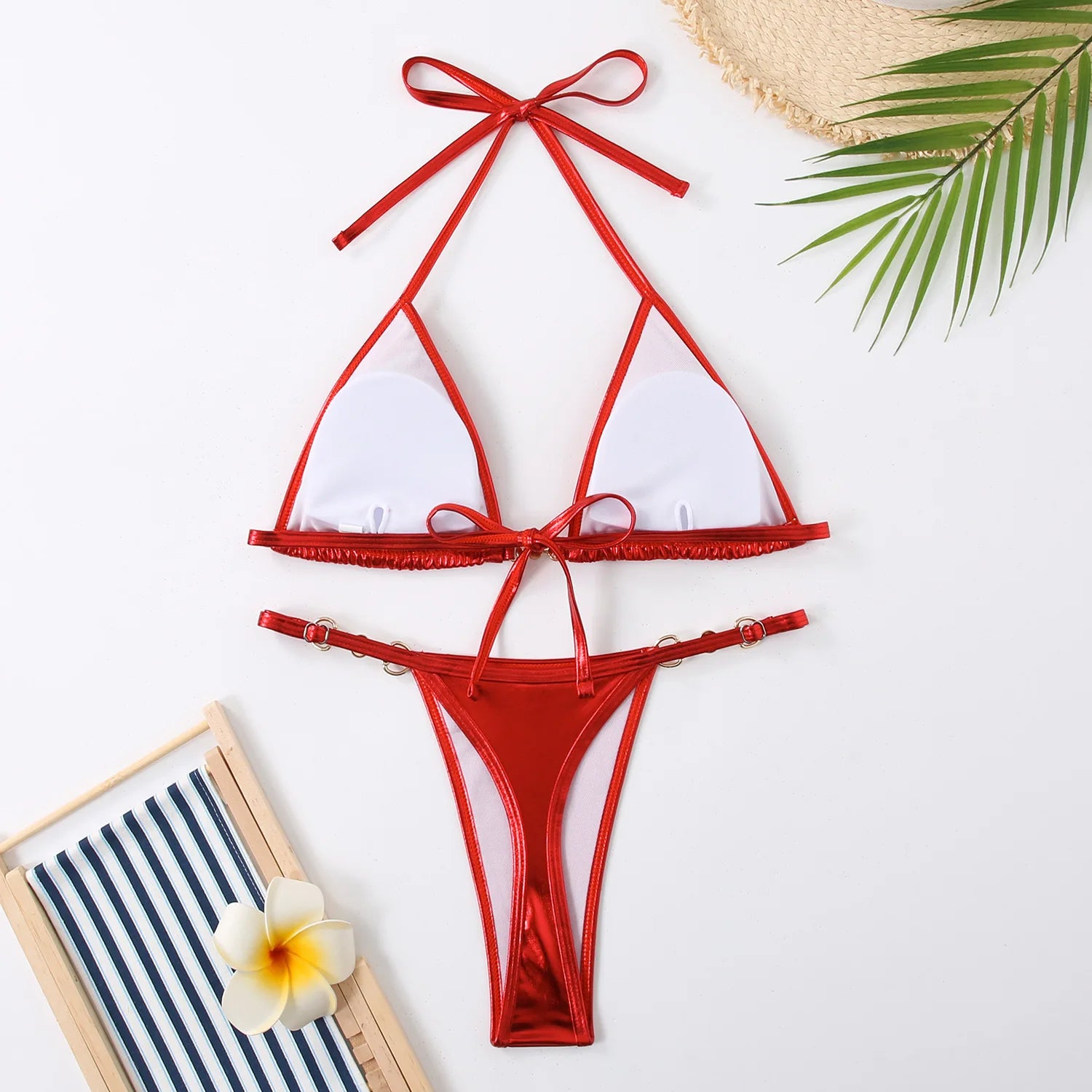 PU Leather Pearls Bikini Mini Micro Thong Bikinis Women Swimwear Female Swimsuit Two-piece Bikini Set Halter Bathing Suit Swim
