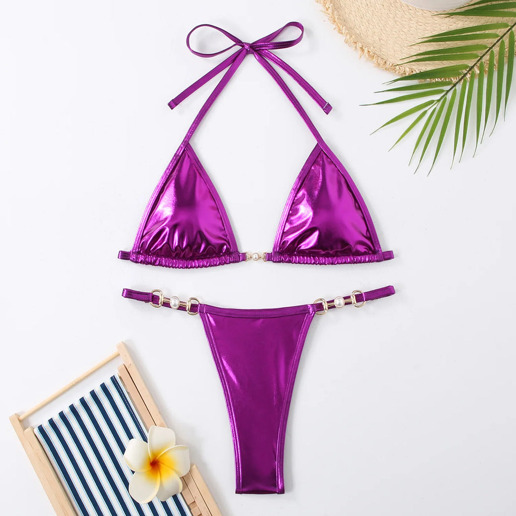 PU Leather Pearls Bikini Mini Micro Thong Bikinis Women Swimwear Female Swimsuit Two-piece Bikini Set Halter Bathing Suit Swim