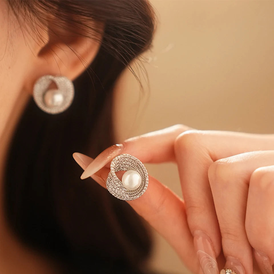 ZAKOL Luxury AAA Zircon Round Pearl Earrings for Women Irregular Stud Earring Temperament Wedding Party Jewelry