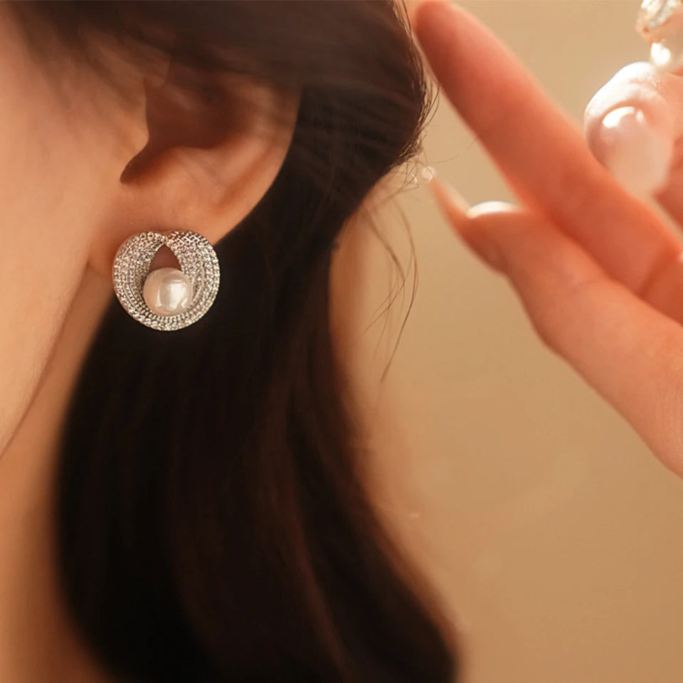 ZAKOL Luxury AAA Zircon Round Pearl Earrings for Women Irregular Stud Earring Temperament Wedding Party Jewelry