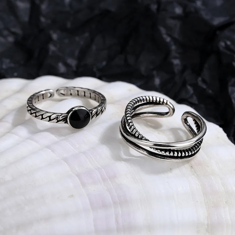 925 Silver Rings for Women Thick Wave Wide Solid Double-layer Punk Trendy Couple Female Party Birthday Gift