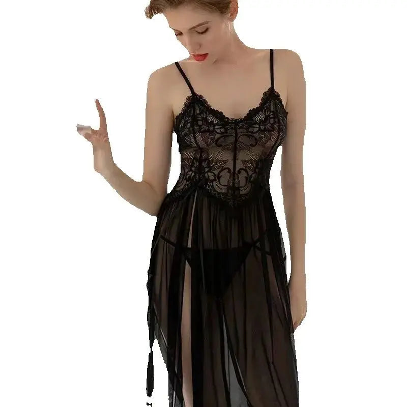 Womens Nightgown Sleepwear Long Split Mesh Perspective Home Clothes Hot Lace Nightdress Sexy Lingerie Dress Robe Underwear