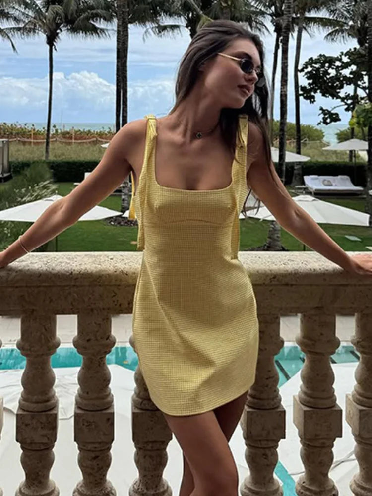 Women Knitted Hollow Out Mini Dresses Round Neck Sleeveless Off Shoulder Short Dress Lady Casual Summer Holiday Beach Robes