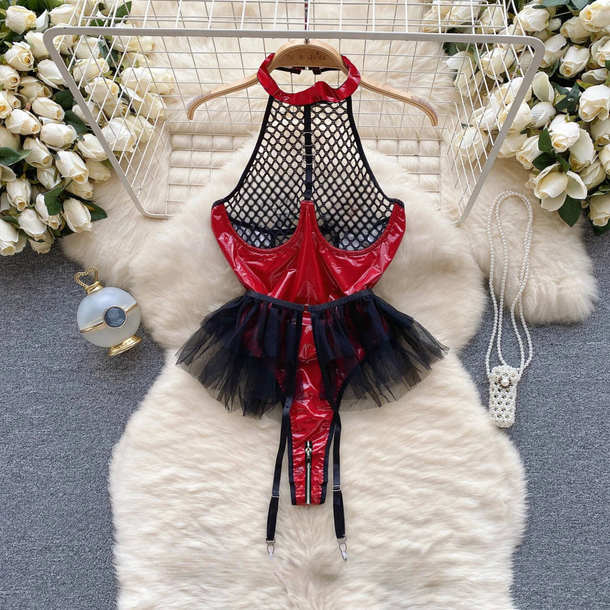 Sexy Women Night Dress Sleeveless Backless Porno Pajamas Floral Lace Erotic Nightwears+Thongs Satin Short Transparent Dresses