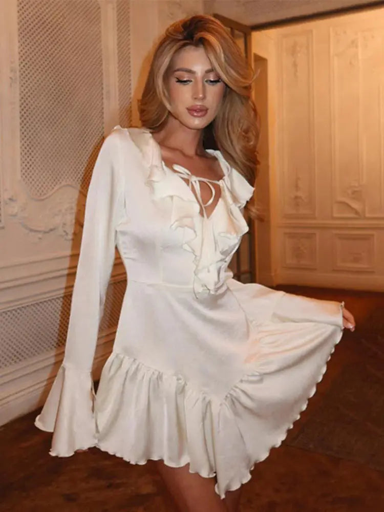Flare Sleeves Flounce Short Dress Woman Lace Up Patchwork Pleats Solid Color Dresses Slim V-Neck Elegant New Women's Mini Dress