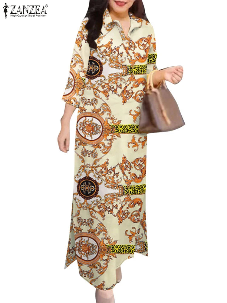 ZANZEA 2025 Autumn Casual Women's Floral Printed Long Dresses Vintage Dress Party Sundress Robe Lapel Neck 3/4 Sleeve Shirtdress