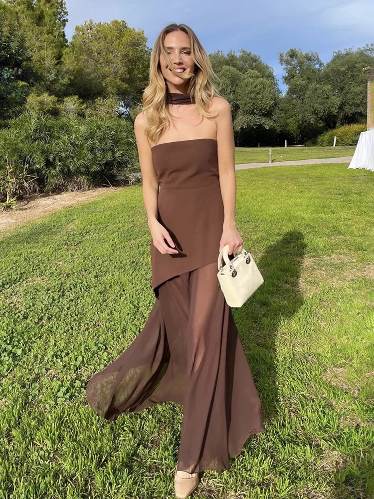 Elegant Strapless Dress With Ribbon Female Fashion Sleeveless Mesh Beach Vacation Long Robes 2025 Spring New Women's Dresses