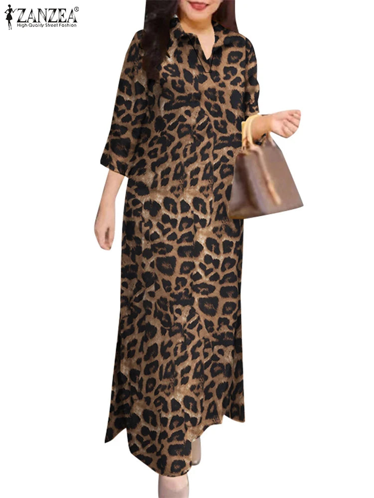 ZANZEA 2025 Autumn Casual Women's Floral Printed Long Dresses Vintage Dress Party Sundress Robe Lapel Neck 3/4 Sleeve Shirtdress
