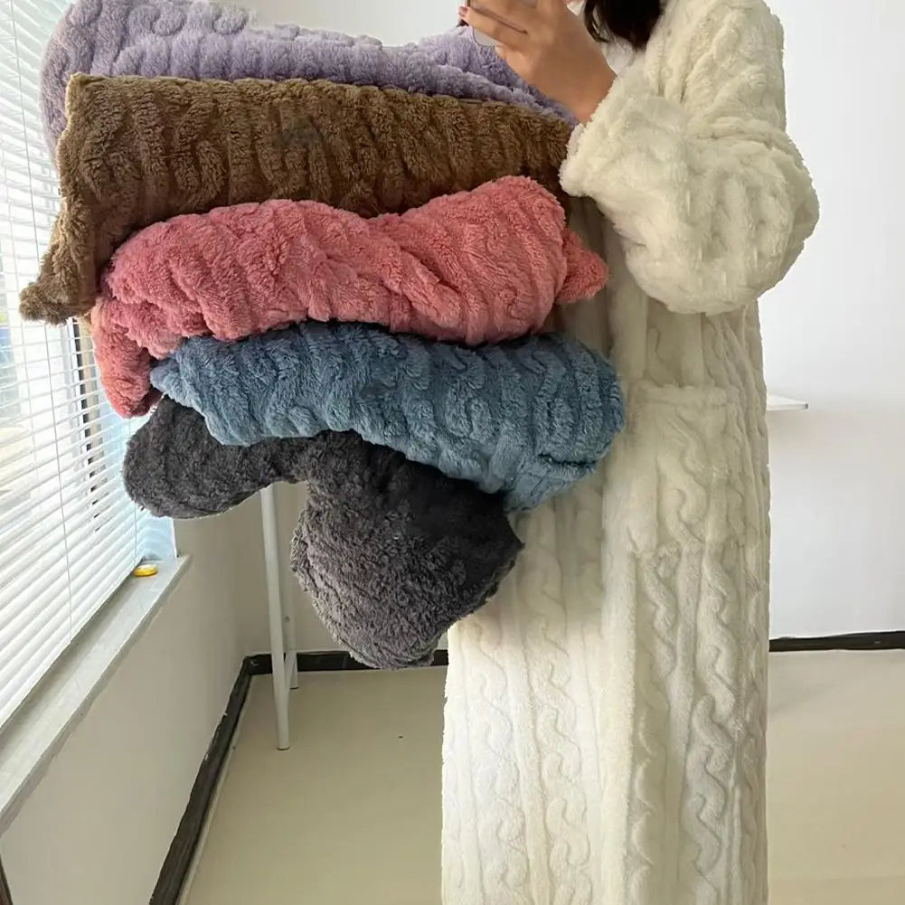Flannel Nightgowns Long Sleeve Women Loose Double Pocket Solid Sleepwear Jacquard Night Dress Thickened Winter Warm Nightdress
