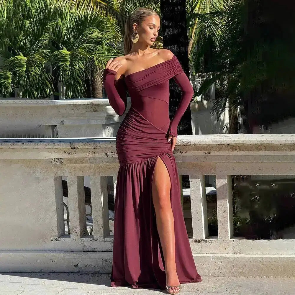 Townlike Pleated Slim Bodycon Maxi Long Dress Women Off Shoulder 2025 Autumn Winter Dress Lace Patchwork Sexy Party Dresses