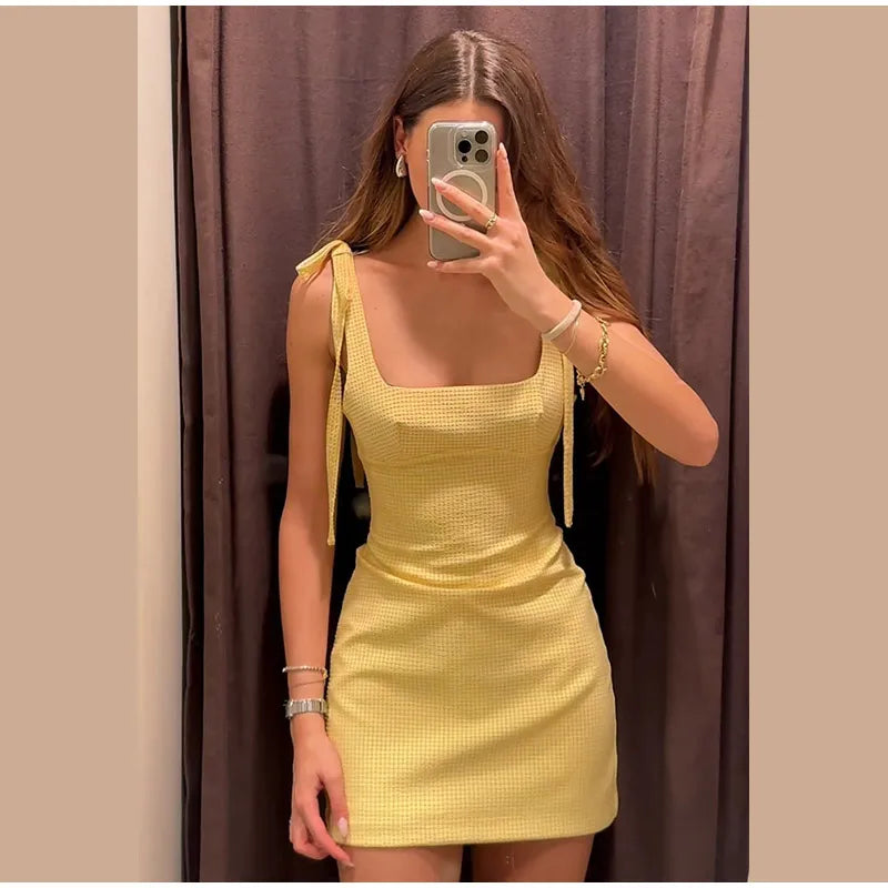 Women Knitted Hollow Out Mini Dresses Round Neck Sleeveless Off Shoulder Short Dress Lady Casual Summer Holiday Beach Robes