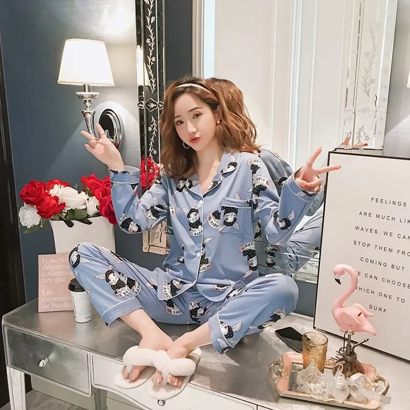 Spring Autumn Winter Long Sleeve Trousers Sleepwear Women's Cardigan Korean Style Outer Wear Casual Thin Homewear Two-piece Suit
